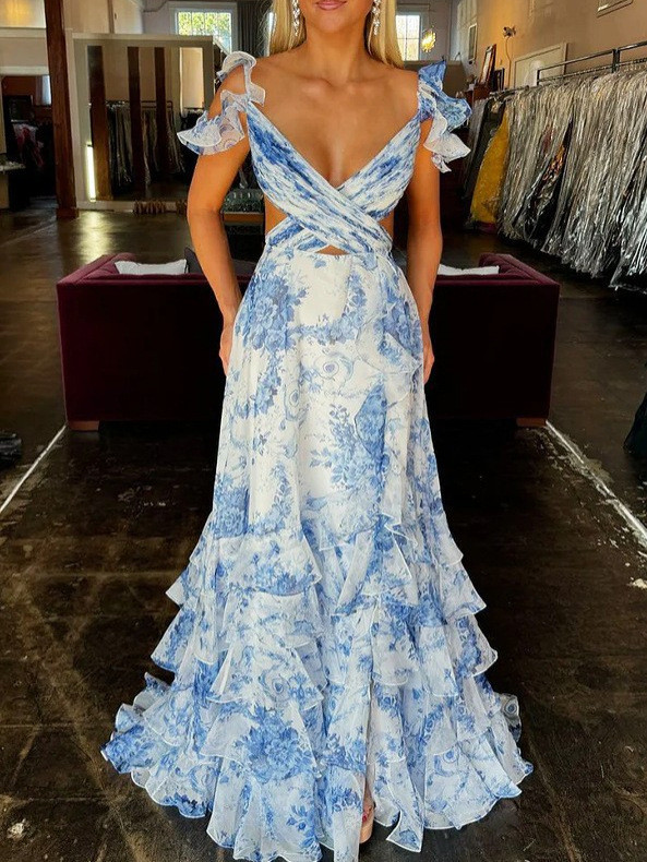 New Fashion Sexy Sleeveless V-neck Spaghetti Strap Backless Fit And Flare Swing Print Floral Slim Fit Split Floor-Length Dress