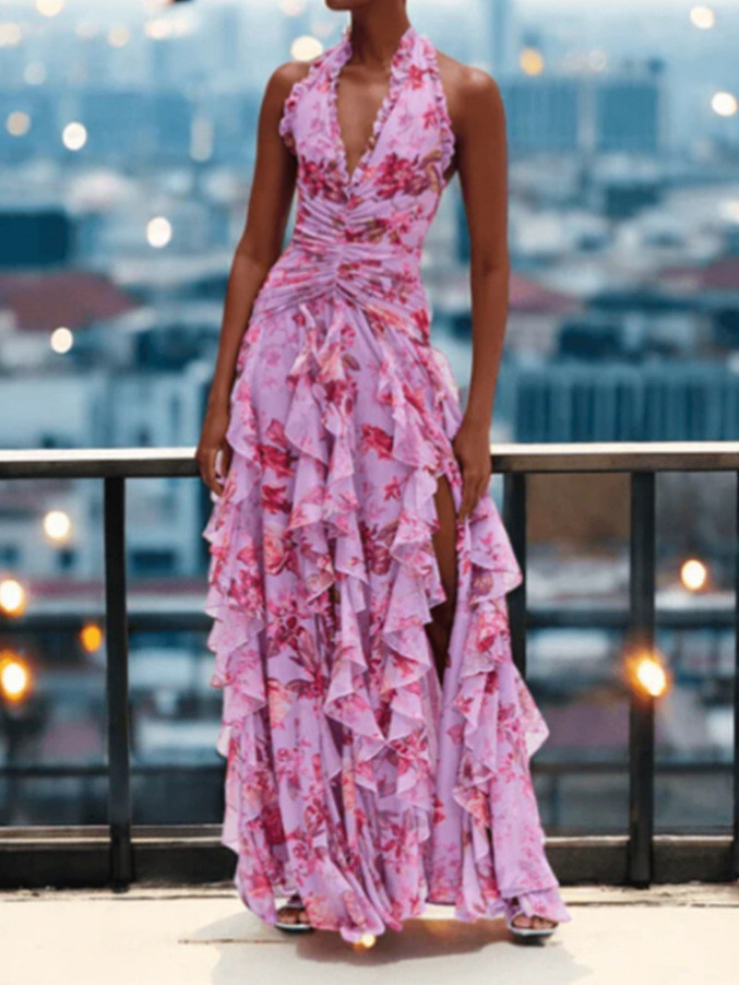 Fashion Sexy Sleeveless Neck-mounted V-neck Print Sweet Backless Fit And Flare Slim Fit  Maxi Dresses