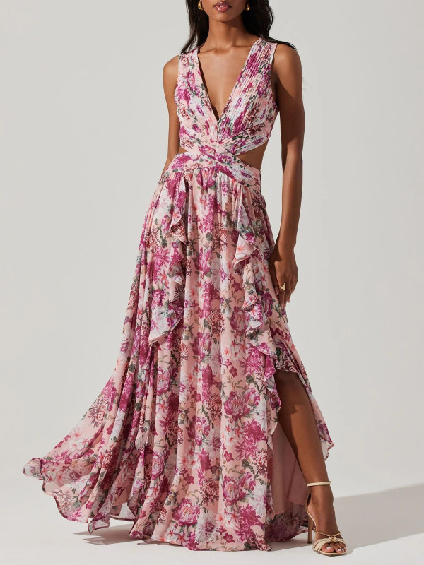 Fashion Sexy Sleeveless V-neck Fit And Flare Print Floral Slim Fit Split Floor-Length Camisole Dress