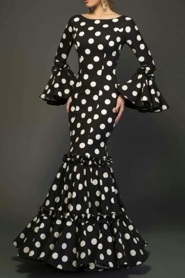 Elegant Fashionable Trumpet Sleeves Polka Dot Decoration Cascading Ruffle Hem Sexy Fishtail  Evening Dress