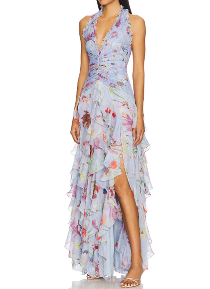 Fashion Sexy Sleeveless Neck-mounted V-neck Print Sweet Backless Fit And Flare Slim Fit  Maxi Dresses
