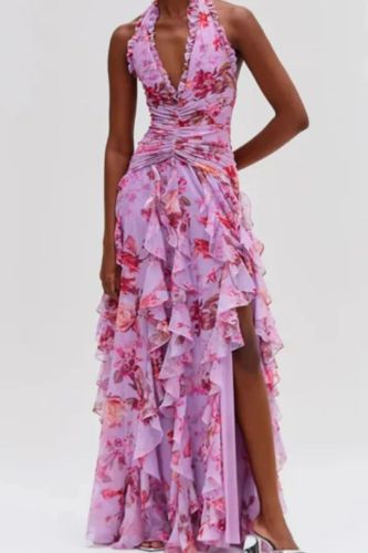 Fashion Sexy Sleeveless Neck-mounted V-neck Print Sweet Backless Fit And Flare Slim Fit  Maxi Dresses