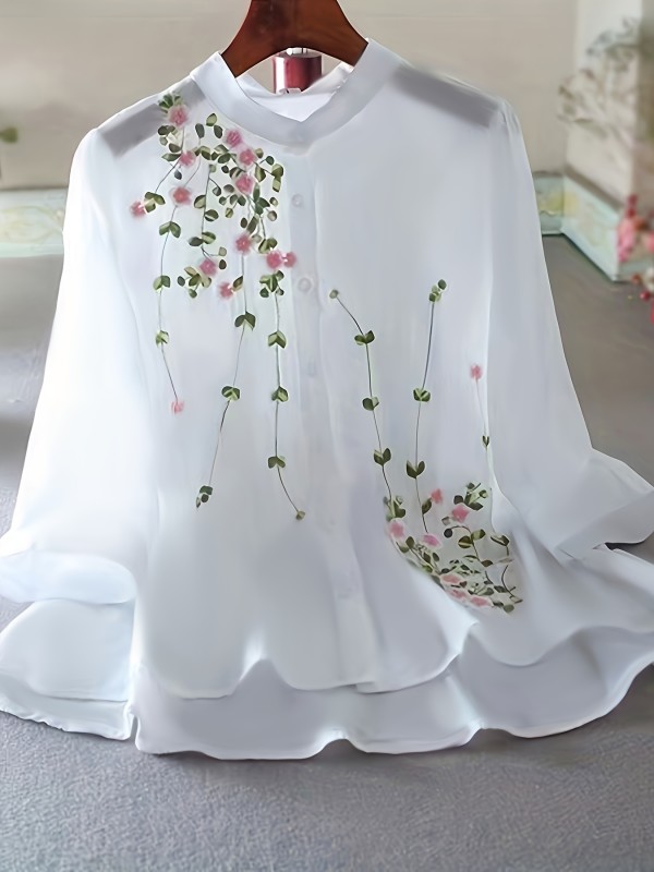 Elegant White Embroidered Blouse with Floral Design