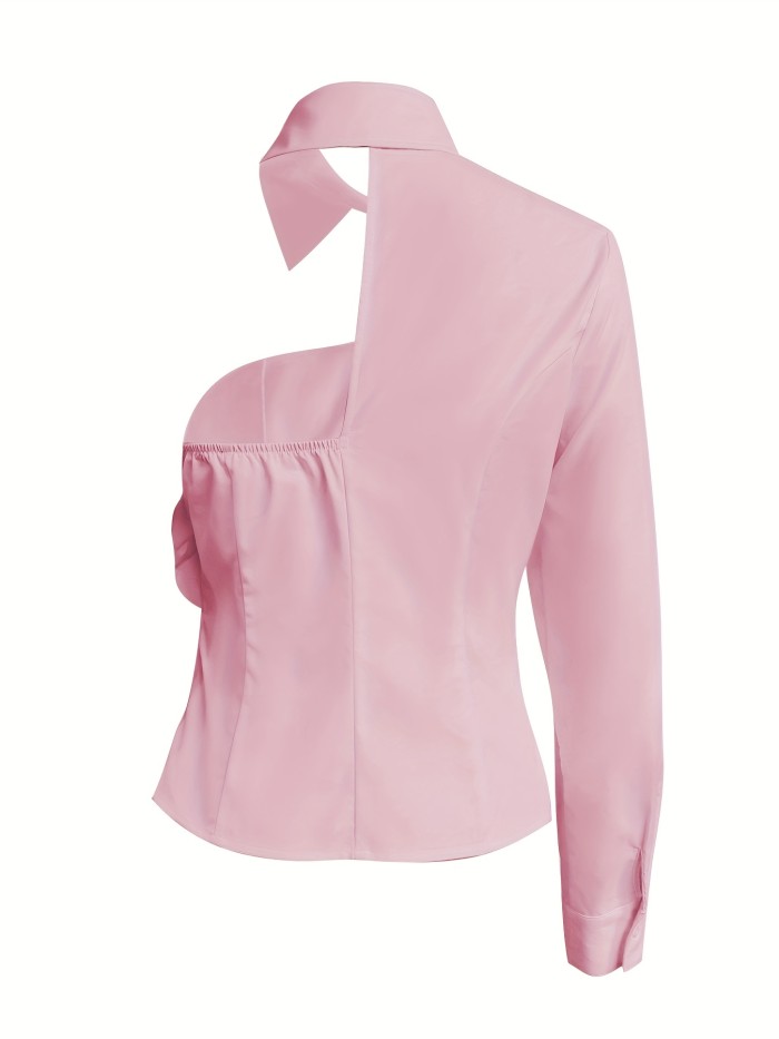 Elegant Women's Casual Fashion Off shoulder Pink Solid Color Blouse