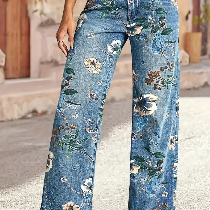 Women's Casual Bohemian Floral Embossed Loose Straight-Leg Mid-Rise Ankle-Length Denim Trousers