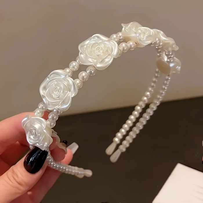 1pc Luxury Hairband 1pc Elegant French-Style Faux Pearl & White Rose Flower Hairband | Vintage-Inspired Luxury Headband for Women | Party Headwear, Floral Hairband, Pearl Hair Accessories