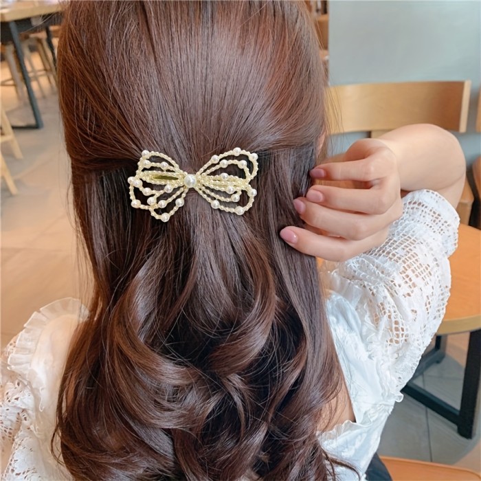 1pc Elegant Golden Bow Hair Clip with Faux Pearls & Crystal Ornaments – Stylish Side Bangs Accessory, Perfect Valentine's Day Gift for Women, Elegant Hair Styling | Feminine Touch | Intricate Craftsmanship, Hair Accessories