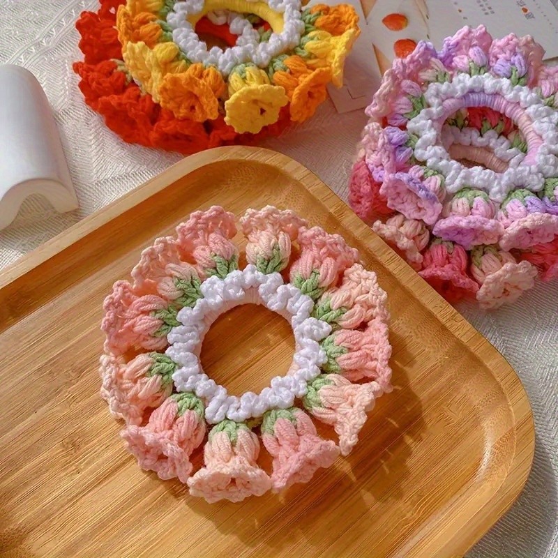1pc Hand-Crocheted Bohemian Floral Jersey Hair Ring - Soft Fleece Warm Hairband for Women, Vibrant Colorful Flower Design, Anniversary Gift Accessory, Cute Hair Accessories, Artisanal Craftsmanship