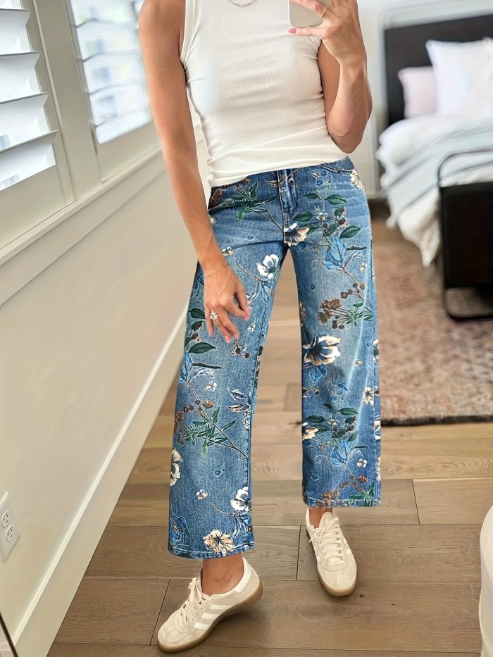 Women's Casual Bohemian Floral Embossed Loose Straight-Leg Mid-Rise Ankle-Length Denim Trousers