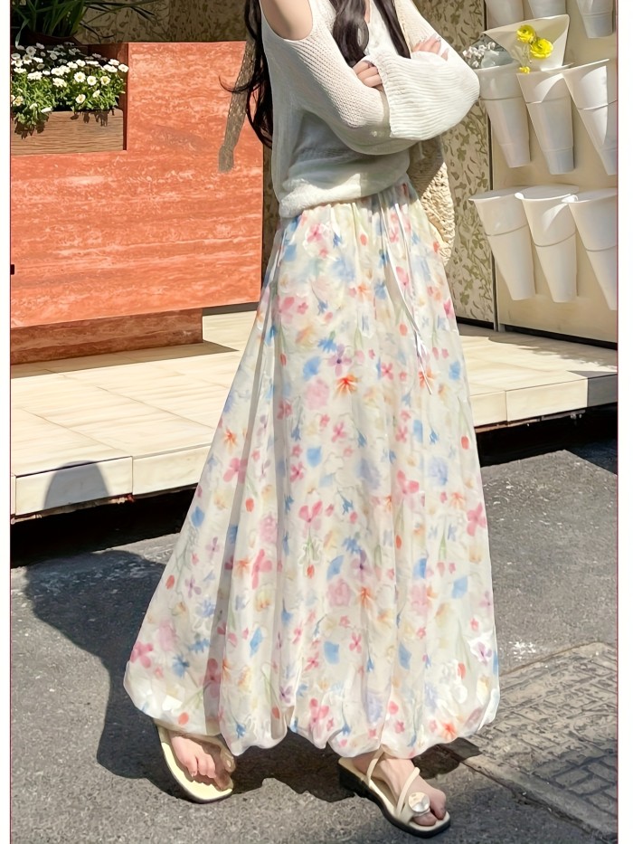 High Waist A-Line Casual Floral And Flower-Bud Skirt Pants for Women in Summer