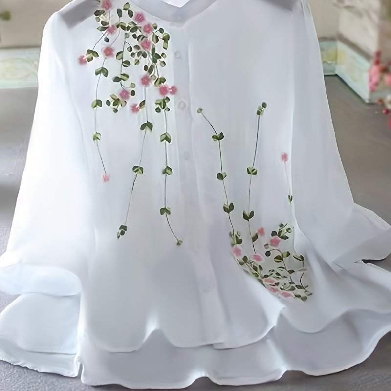 Elegant White Embroidered Blouse with Floral Design
