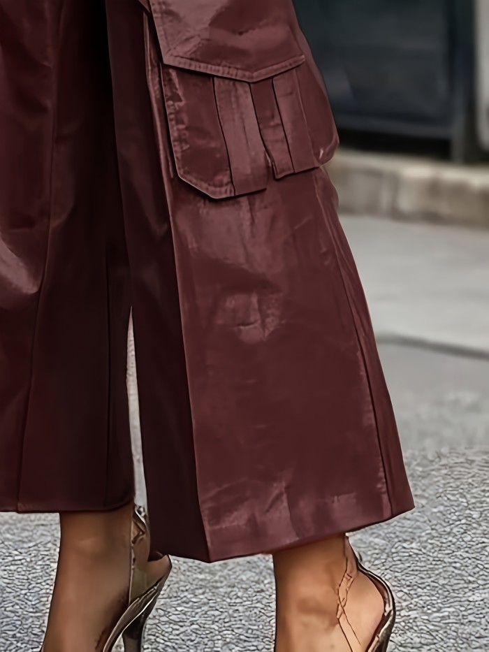Faux Leather Pants High Waisted Solid Color Lace Up Casual Wide Leg Pants