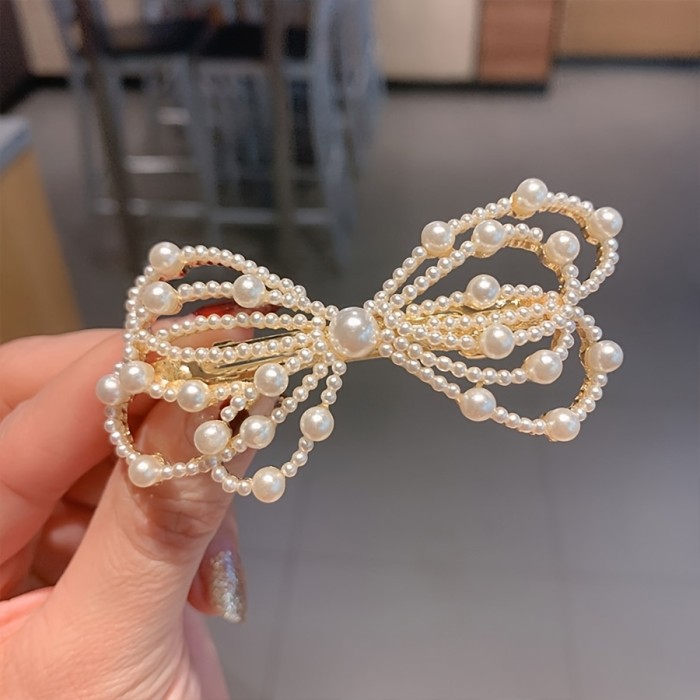 1pc Elegant Golden Bow Hair Clip with Faux Pearls & Crystal Ornaments – Stylish Side Bangs Accessory, Perfect Valentine's Day Gift for Women, Elegant Hair Styling | Feminine Touch | Intricate Craftsmanship, Hair Accessories