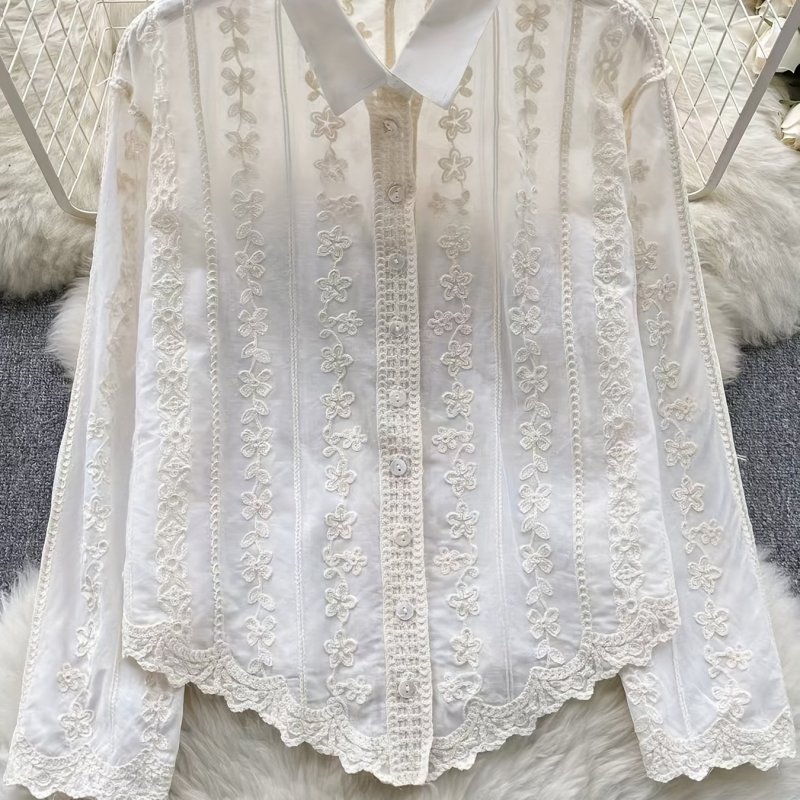 Elegant 100% Rayon Long Sleeve Shirt with Floral Embroidery