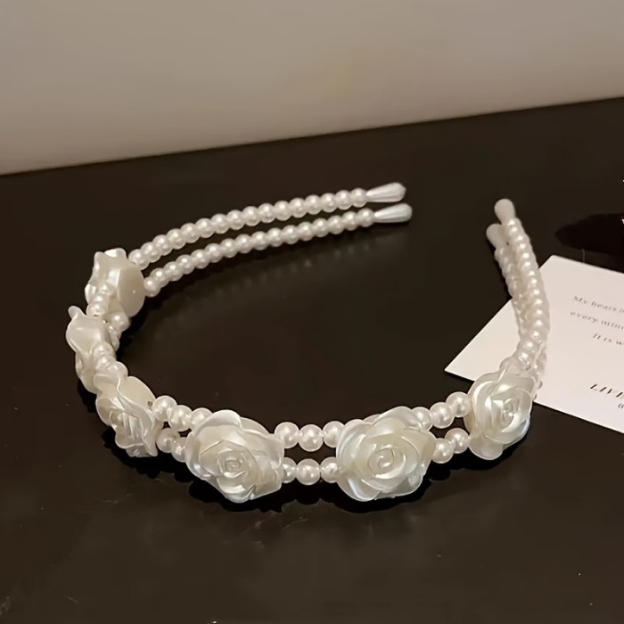 1pc Luxury Hairband 1pc Elegant French-Style Faux Pearl & White Rose Flower Hairband | Vintage-Inspired Luxury Headband for Women | Party Headwear, Floral Hairband, Pearl Hair Accessories