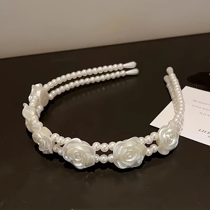 1pc Luxury Hairband 1pc Elegant French-Style Faux Pearl & White Rose Flower Hairband | Vintage-Inspired Luxury Headband for Women | Party Headwear, Floral Hairband, Pearl Hair Accessories