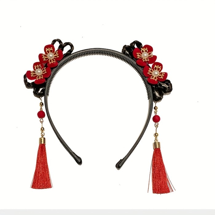 Set Of 2 Stylish Chinese Style Fringe Flowers Headbands, Chic Vintage Red & Pink Floral Hair Bands For New Year Celebrations Outdoor Festivities, Festive Hair Accessories For Irthday Cosplay Party Events Photography, Gifts For Her