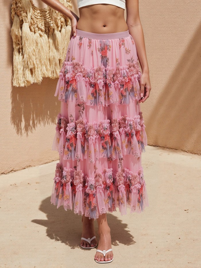 Fashion Women's Summer Floral Print Irregular Flowy Design A-Line Midi Skirt