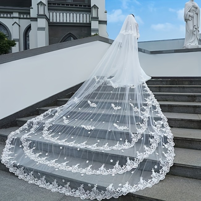 Wedding Veils Long For Brides 2 Tier Triple Lace Edge Long Blusher With Comb