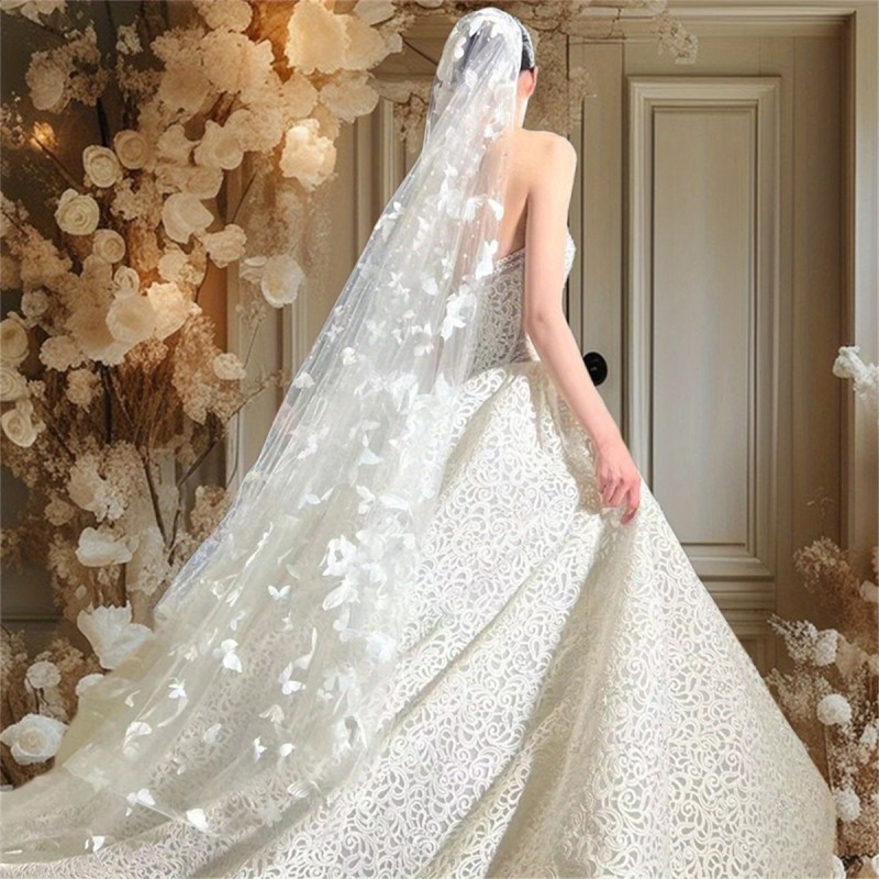 Elegant Butterfly Bridal Veil - Luxurious Long Tulle Wedding Accessory with 3D Butterfly Embellishments, Sheer White Veil for Brides, Perfect for Elegant Weddings and Special Occasions