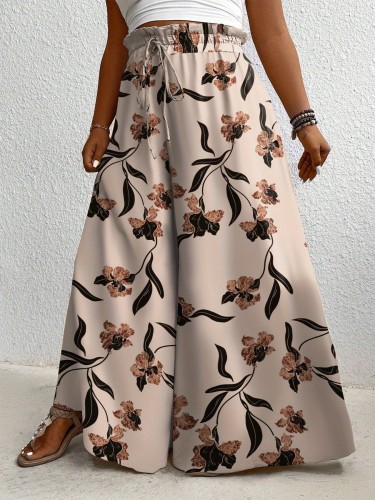 Women'S Plus Size Flower Print Fashionable Wide Leg Pants for Spring And Summer Casual Vacation Style Loose Wide Leg Pants