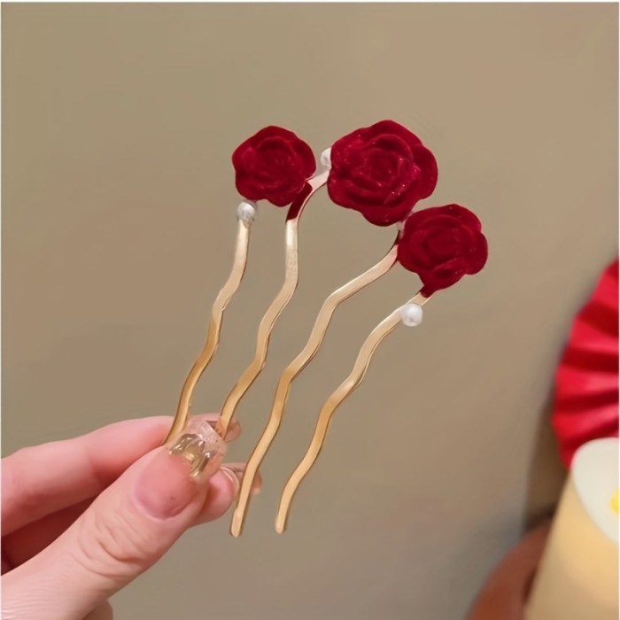 1pc Traditional Chinese Red Rose Hairpin with Four-Tooth Comb - Secure Hold Wedding Engagement Hair Accessory for Bridal Updos, Formal Events & Cultural Hairstyles