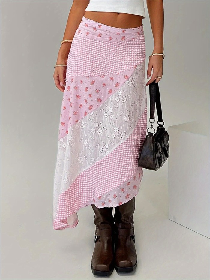 Women Y2K Summer Midi Skirt Floral\u002FDots Print Lace Patchwork Irregular Hem A-Line Skirt Vintage Flowy Long Skirt