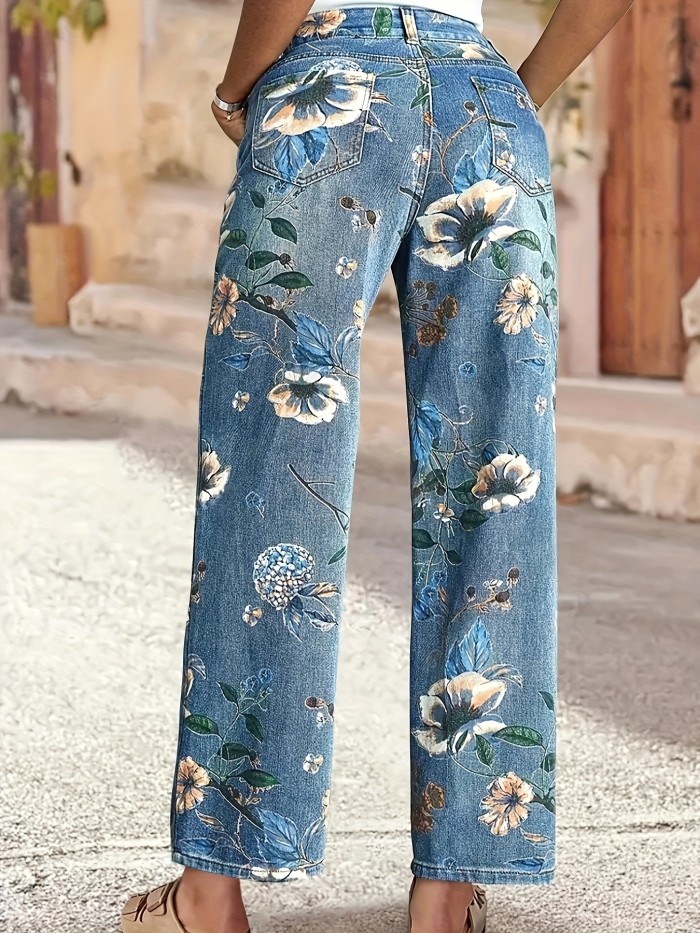 Women's Casual Bohemian Floral Embossed Loose Straight-Leg Mid-Rise Ankle-Length Denim Trousers