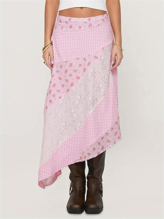Women Y2K Summer Midi Skirt Floral\u002FDots Print Lace Patchwork Irregular Hem A-Line Skirt Vintage Flowy Long Skirt