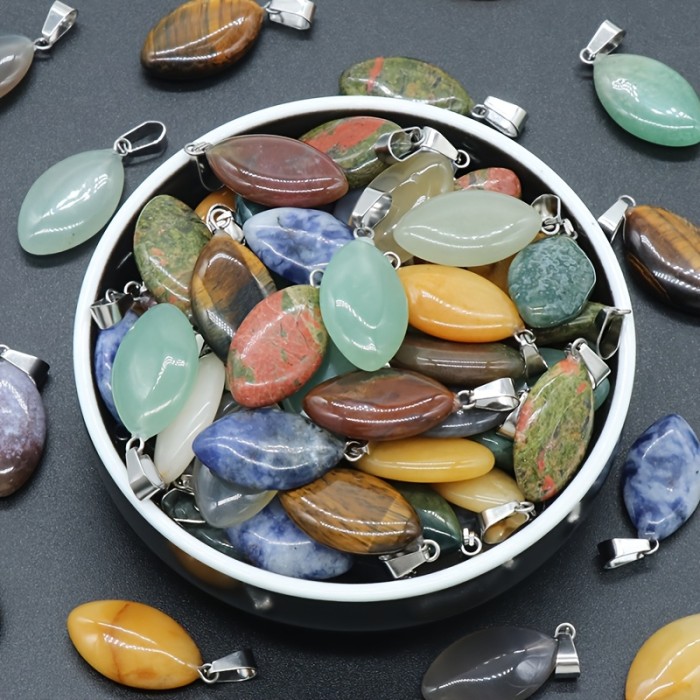40pcs Natural Stone Pendants Assorted 40pcs Olive Shaped Natural Stone Pendants - Bulk Assorted Color Polished Stone Crystal, Unique Shaped Design, Handmade Crafted For DIY Jewelry Making Earrings, Necklaces, Gift Giving