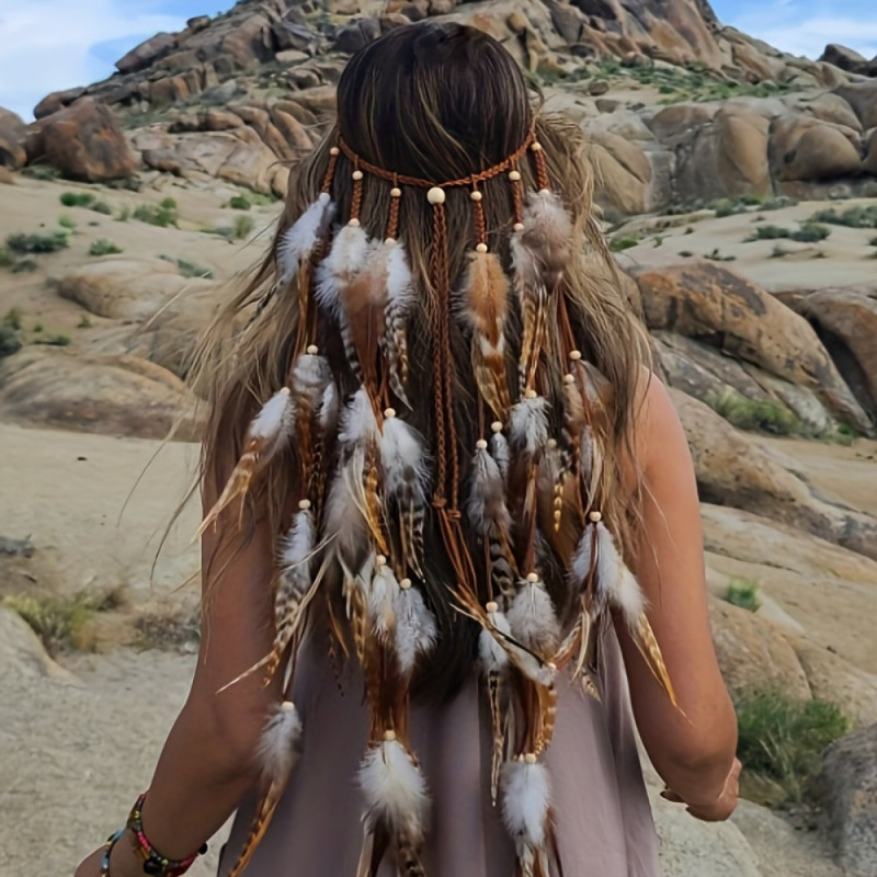 1pc Bohemian Handmade Linen Feather Headband for Women - Double Color Pheasant Feather Headpiece, Hippie Style Accessory