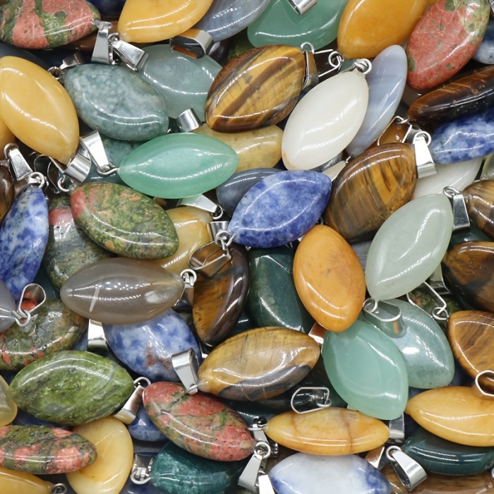 40pcs Natural Stone Pendants Assorted 40pcs Olive Shaped Natural Stone Pendants - Bulk Assorted Color Polished Stone Crystal, Unique Shaped Design, Handmade Crafted For DIY Jewelry Making Earrings, Necklaces, Gift Giving