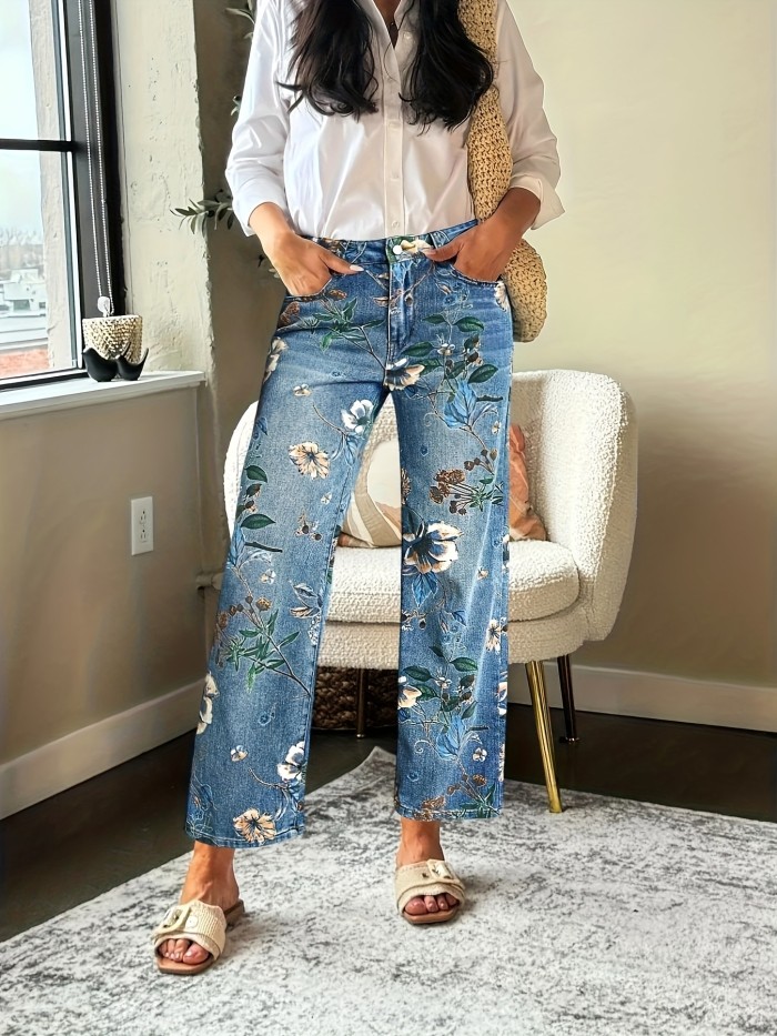 Women's Casual Bohemian Floral Embossed Loose Straight-Leg Mid-Rise Ankle-Length Denim Trousers