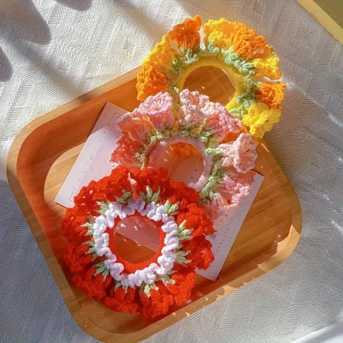 1pc Hand-Crocheted Bohemian Floral Jersey Hair Ring - Soft Fleece Warm Hairband for Women, Vibrant Colorful Flower Design, Anniversary Gift Accessory, Cute Hair Accessories, Artisanal Craftsmanship