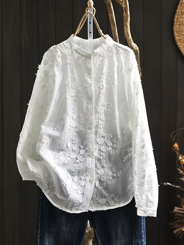 Women'S Chic Embroidered Floral Long Sleeve Shirt