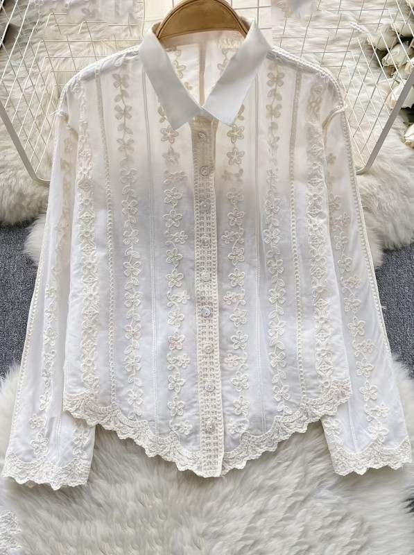 Elegant 100% Rayon Long Sleeve Shirt with Floral Embroidery