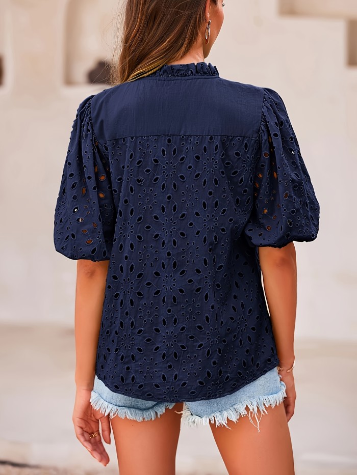 Women's Fashion Summer Button-Front Embroidered Lace Casual Elegant V-Neck Blouse