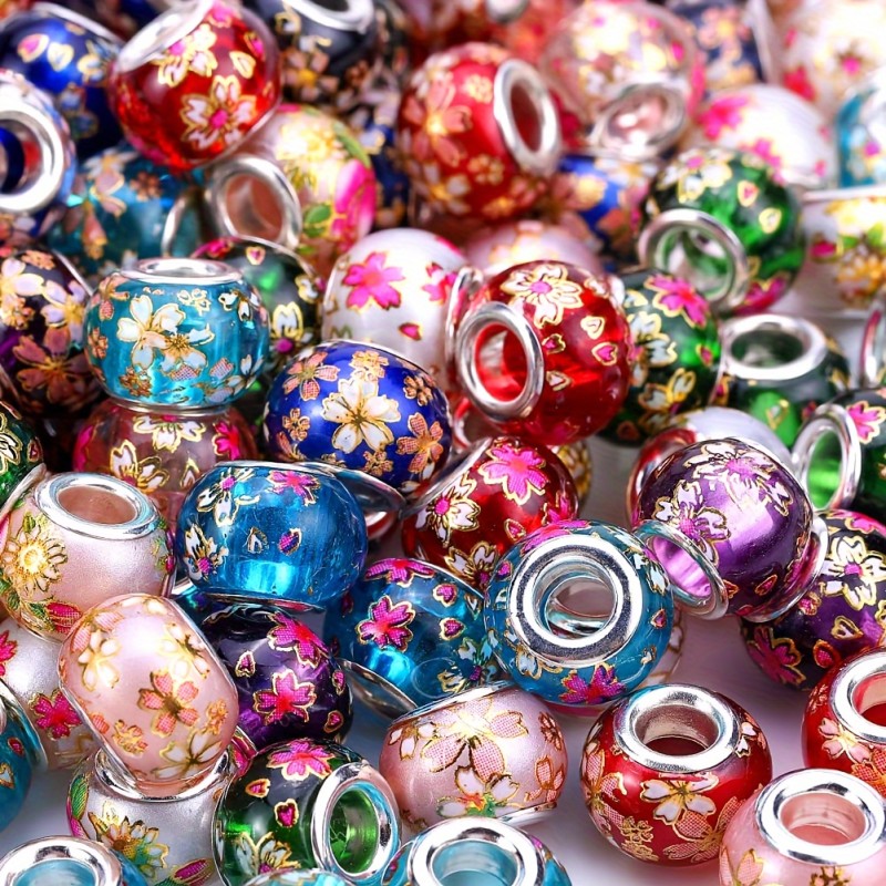 50pcs Mixed Color European Beads - Large Aperture, Fashion Pattern Design, DIY Bracelet Making Material