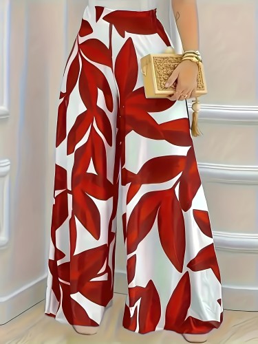 Women's High-Waist Tropical Leaf Print Wide Leg Pants