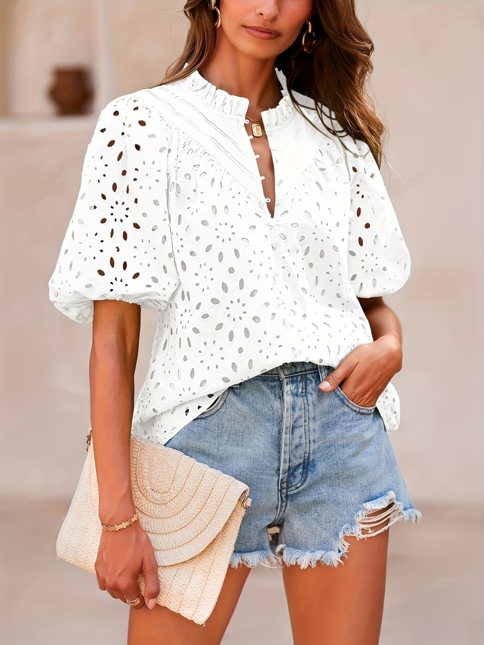 Women's Fashion Summer Button-Front Embroidered Lace Casual Elegant V-Neck Blouse