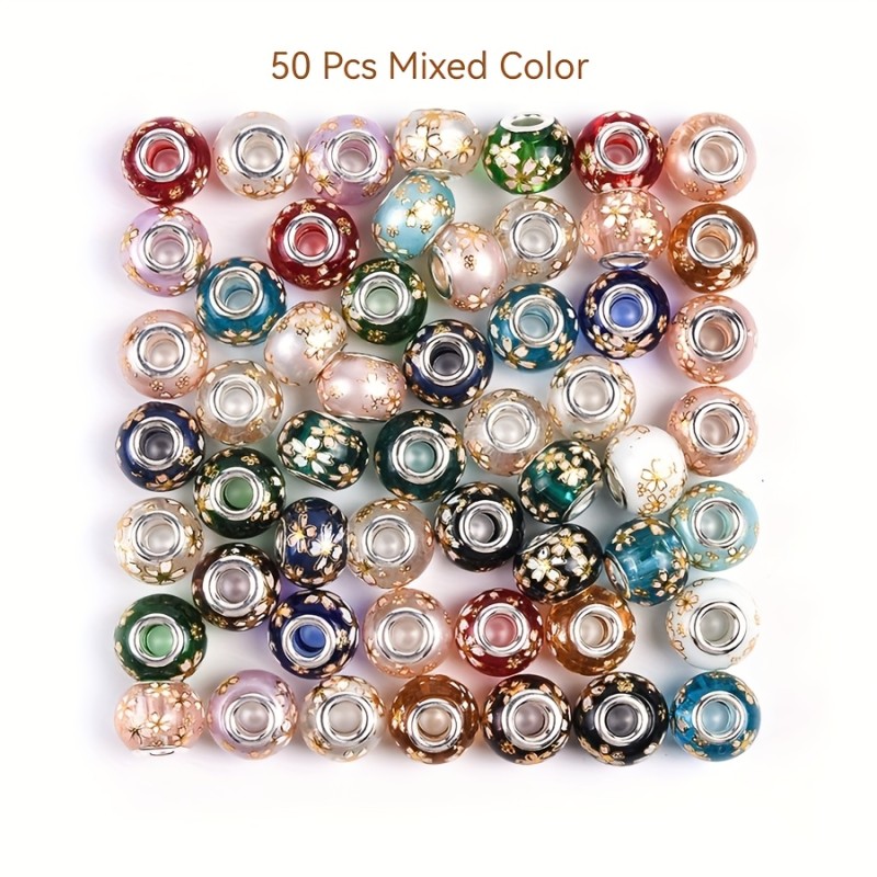 50pcs Mixed Color European Beads - Large Aperture, Fashion Pattern Design, DIY Bracelet Making Material