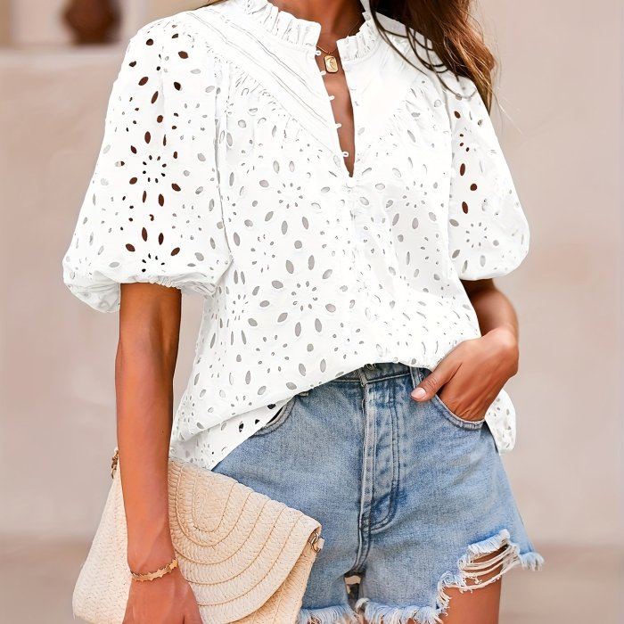 Women's Fashion Summer Button-Front Embroidered Lace Casual Elegant V-Neck Blouse