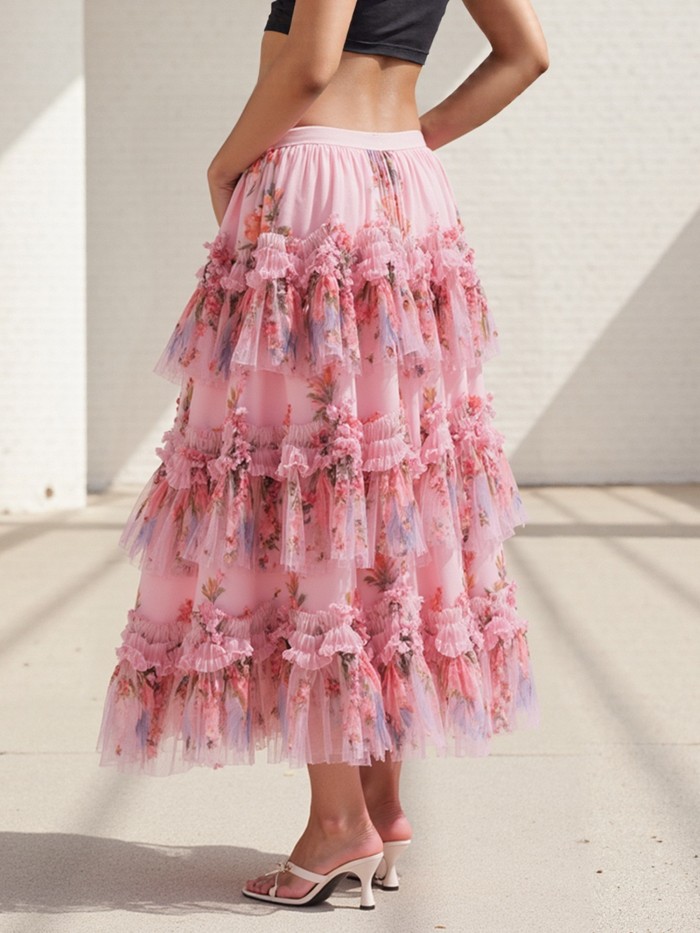 Fashion Women's Summer Floral Print Irregular Flowy Design A-Line Midi Skirt
