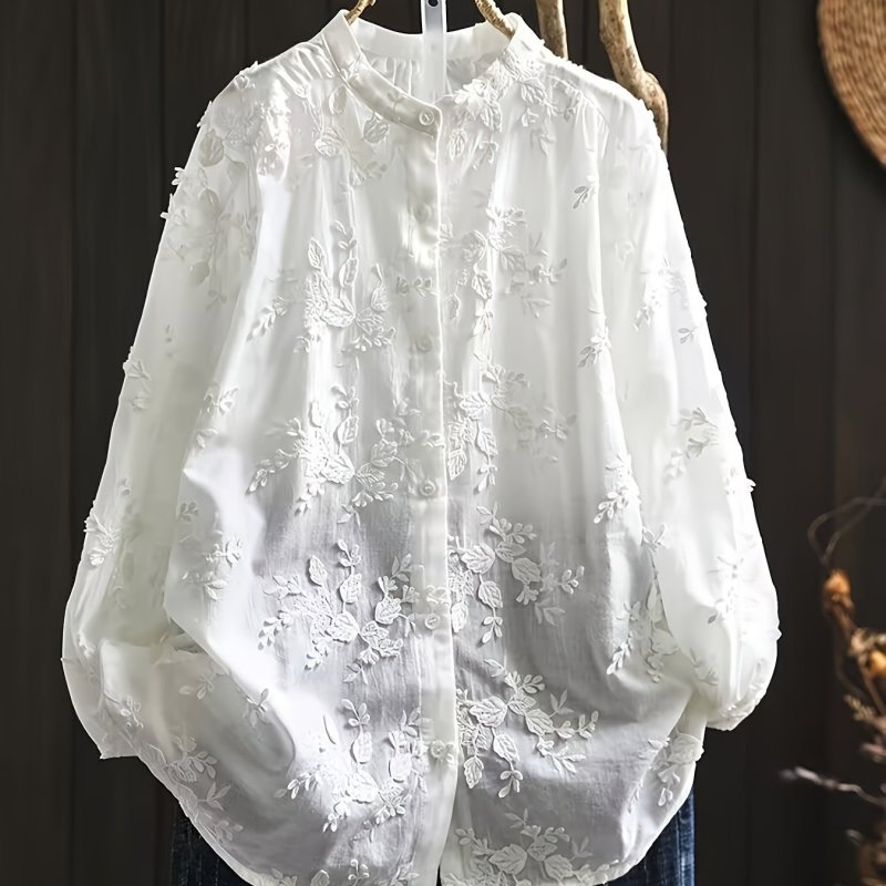 Women'S Chic Embroidered Floral Long Sleeve Shirt