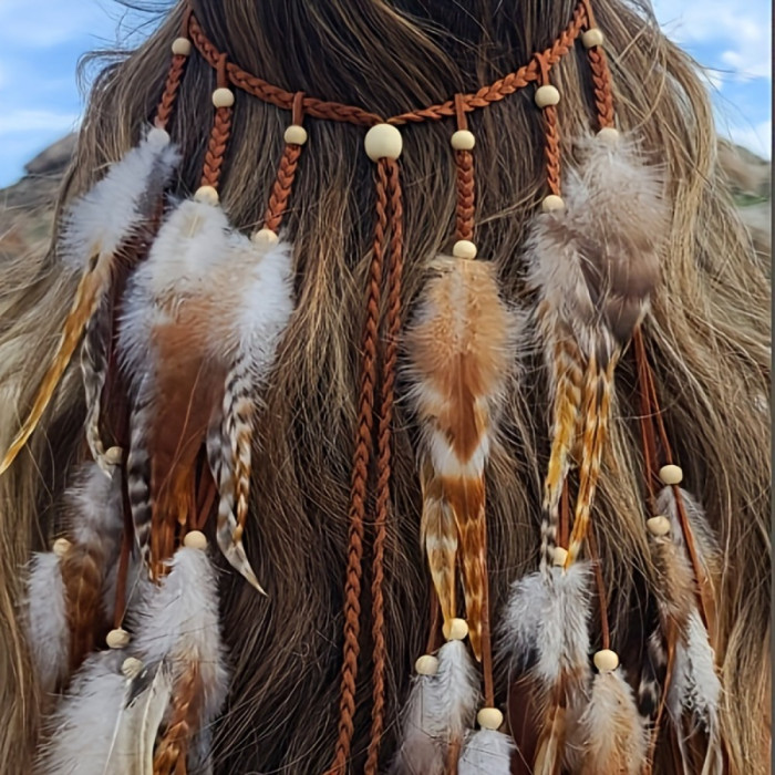 1pc Bohemian Handmade Linen Feather Headband for Women - Double Color Pheasant Feather Headpiece, Hippie Style Accessory