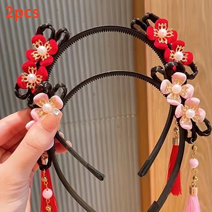 Set Of 2 Stylish Chinese Style Fringe Flowers Headbands, Chic Vintage Red & Pink Floral Hair Bands For New Year Celebrations Outdoor Festivities, Festive Hair Accessories For Irthday Cosplay Party Events Photography, Gifts For Her