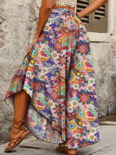 Women's Plus Size Vibrant Multicolor Paisley Print Wide-Leg Pants