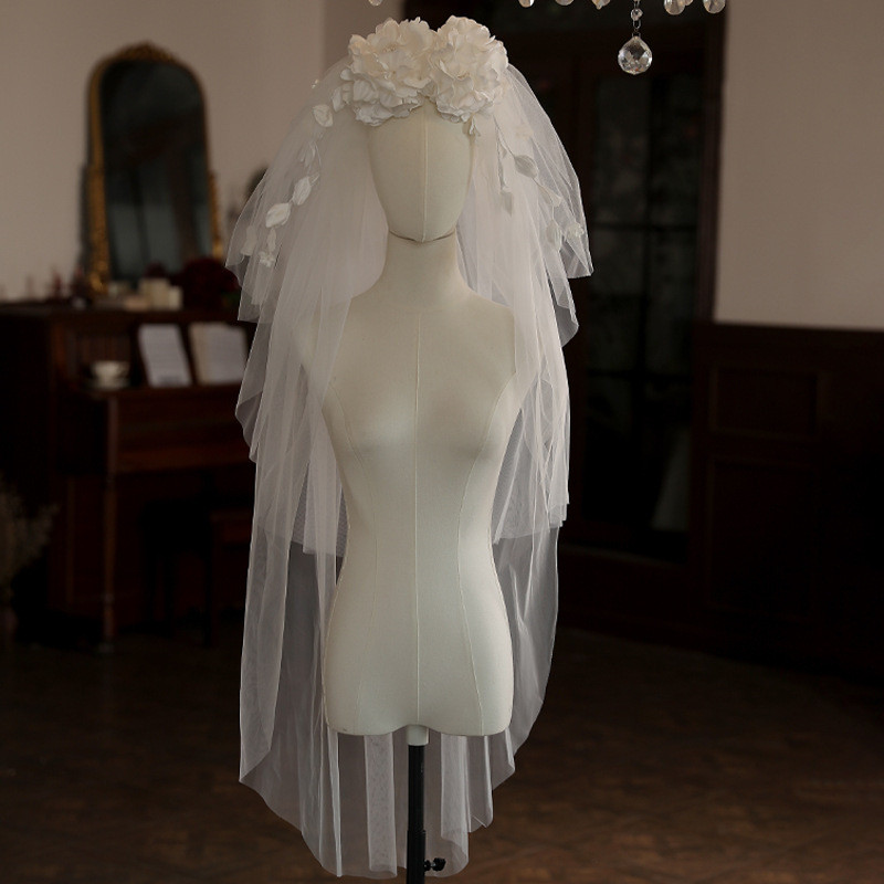 Western Style Bride Hand Made Satin Flower Piece Flower Leaf Veil Wedding Rigid Veil Style Wedding Dress All-Match Headwear