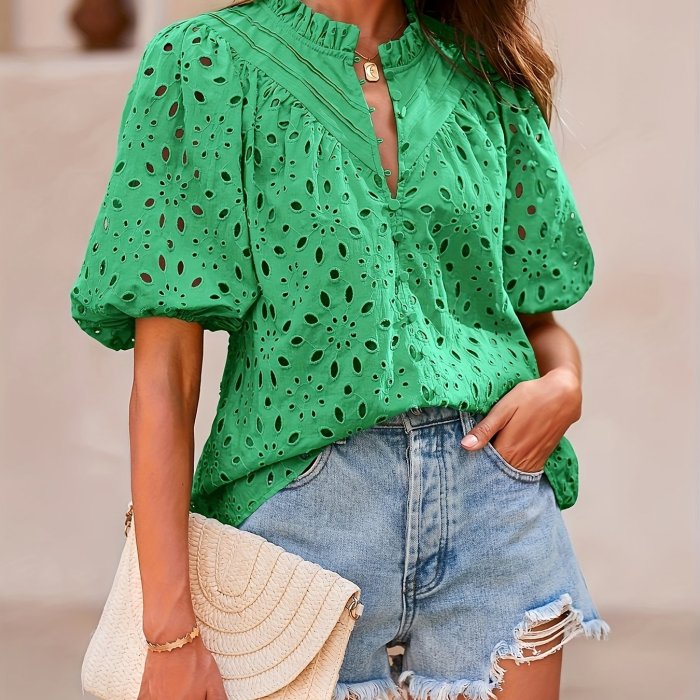 Women's Fashion Summer Button-Front Embroidered Lace Casual Elegant V-Neck Blouse