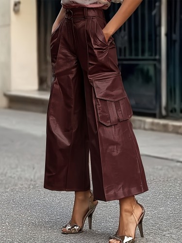 Faux Leather Pants High Waisted Solid Color Lace Up Casual Wide Leg Pants